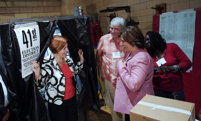 Democratic mayoral hopeful Christine Quinn exits the polling booth after casting her ballot on Primary Day, September 10, 2013, in New York City. (Photo courtesy Quinn Campaign)