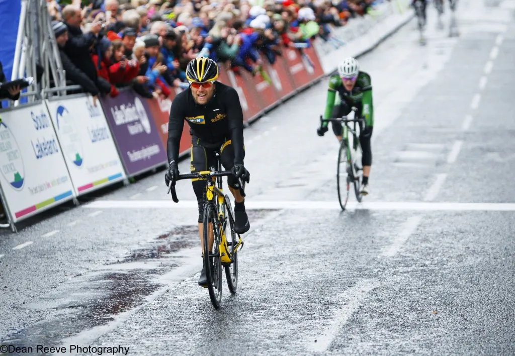Gerald Ciolek of MTN-Qhubeka crosses the finish line of Stage Two of the 2013 Tour of Britain ahead of Sam Bennett of An Post. (teammtnqhubeka.com)