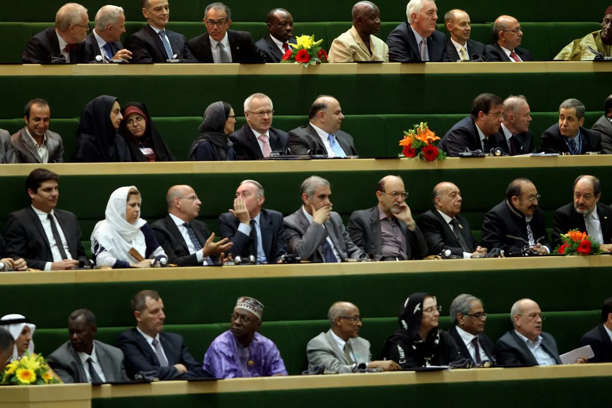 Foreign guests attend the swearing-in ceremony of Iran's new president Hasan Rowhani at the parliament in Tehran on Aug. 4, 2013. The Islamic republic's new president revealed a cabinet lineup of experienced technocrats, aiming to deliver on his promise of saving the economy and engaging the world. (Atta Kenare/AFP/Getty Images)
