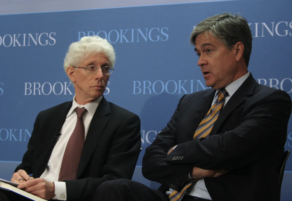 William Galston (L), senior fellow at Brookings Institution; and John Harwood, chief Washington correspondent for CNBC and frequent guest on NBC’s Meet the Press and PBS’ Washington Week, discussed the 2012 presidential election on Sept. 18. (Gary Feuerberg/ Epoch Times)