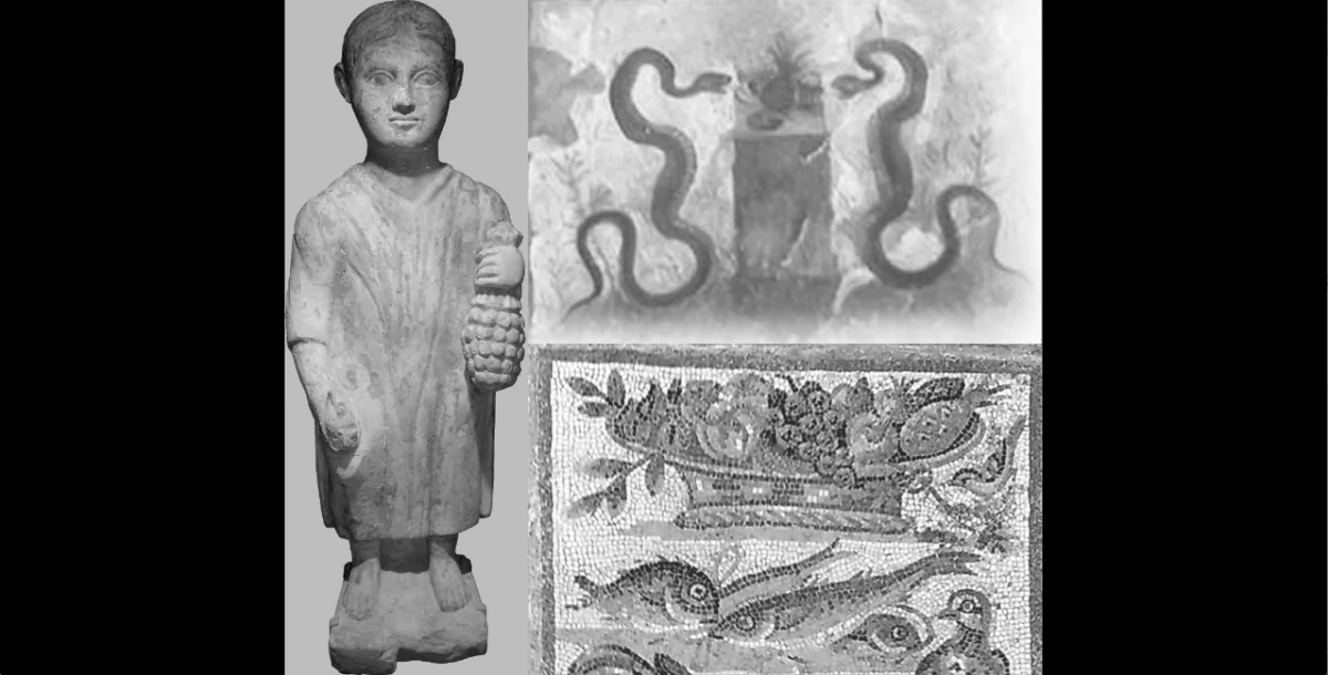 Three depictions of pineapples from the Roman era. The statue is from the third century A.D. and is now in the Musée d’Art et d’Histoire of Geneva. At the top right, a fresco in “Casa dell’Efebo” in Pompeii, and at the bottom right, an Augustan age mosaic, now in the palace “Massimo” of the National Museum of Rome. (Lucio Russo)
