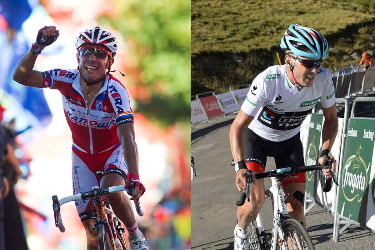 (L) Katusha’s Joaquin 'Purito' Rodriguez celebrates as he crosses the finish line to win Stage 19 of the 68th edition of La Vuelta a España on September 13, 2013. (Jaime Reina/AFP/Getty Images) (R) Chris Horner shows the easy out-of-saddle climbing form which has earned him the red jersey three times and will likely win him the race. (radioshackleopardtrek.com)