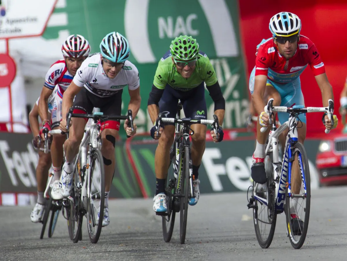 Astana’s Vincenzo Nibali (R) rides with from Movistar’s Alejandro Valverde (C) and RadioShack-Leopard's Chris Horner at the end of Stage 15 of the Vuelta a España. (Jaime Reina/AFP/Getty Images)