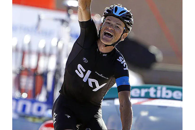 Vasil Kiryienka celebrates winning Stage 18 of the 2013 Vuelta a España. (teamsky.com)