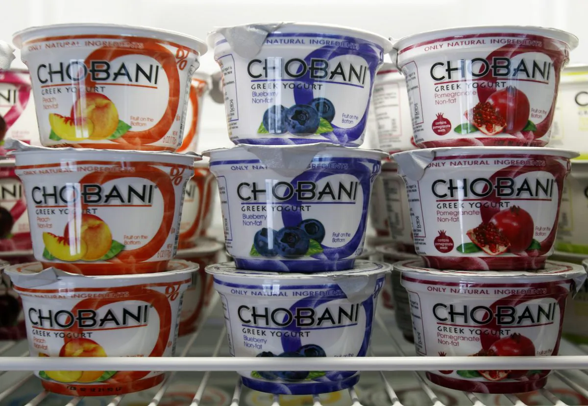 In this Jan. 13, 2012, file photo, Chobani Greek Yogurt is seen at the Chobani plant in South Edmeston, N.Y. Chobani yogurt is being held up at the airport on its way to the Olympics. (AP Photo/Mike Groll, File)