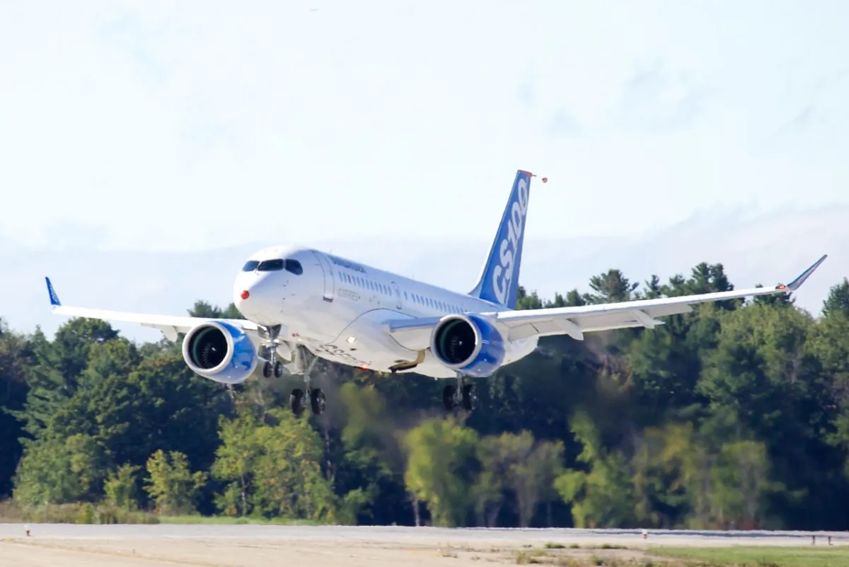Bombardier’s CS100 jetliner during its maiden flight on Monday, Sept. 16, 2013. (Bombardier)