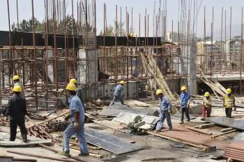 Chinese workers of the China State Construction Engineering Corporation (CSCEC) on January 30, at the site of the new African Union (AU) conference center in Addis Ababa, Ethiopia. (Simon Maina/Getty Images)