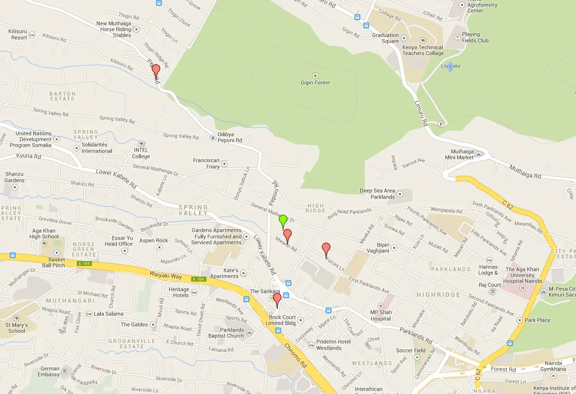 A map showing the four roads closed (red markers) around Westgate mall (green marker) where a stand-off continues. (Google Maps)