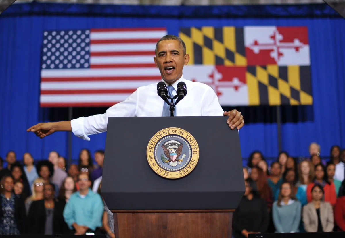 President Barack Obama speaks about the Affordable Care Act at Prince Georges Community College on September 26, 2013 in Largo, Maryland. On October 1, 2013, open enrollment starts for the new Obamacare online, state-based exchanges, where consumers will be able to compare and shop for private health insurance plans. (MANDEL NGAN/AFP/Getty Images)