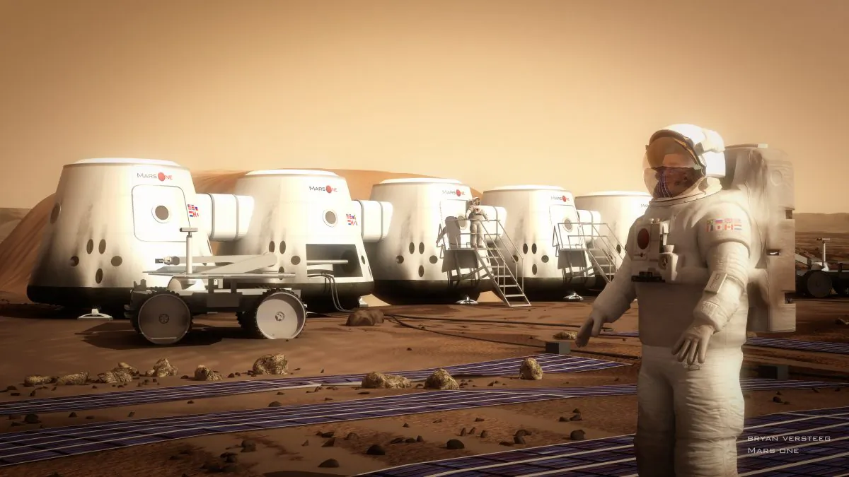 An artist's rendering of the planned Mars One settlement. Mars One is a space mission that aims to establish a human colony on the red planet. More than 8,000 Canadians have applied to participate in the mission. (Brian Versteeg/Mars One)