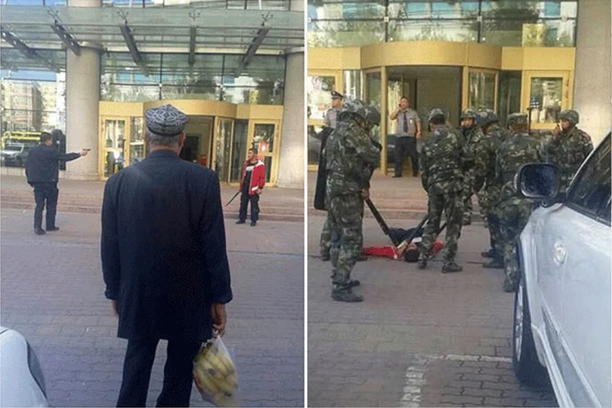 Photos posted online and verified by police show an officer aiming his gun at the armed vendor (left), and the vendor on the ground after being shot (right). (Screenshot/Weixin/Epoch Times)