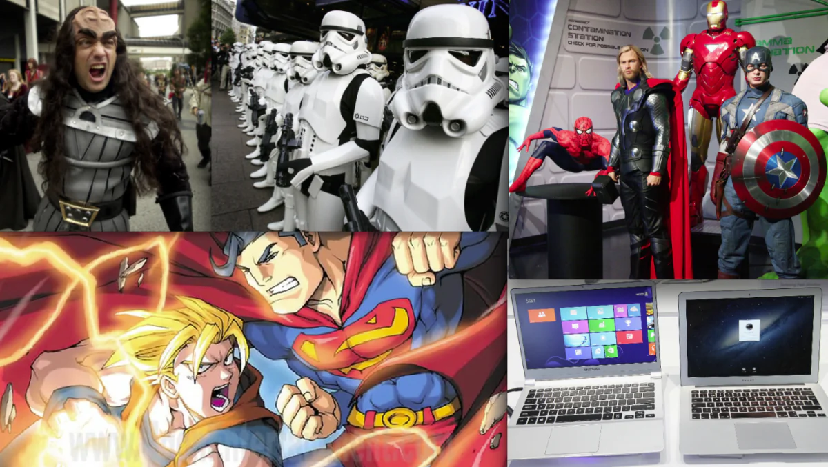 Klingon (Stephen Morton/Getty News Images) Star Wars storm troupers (Chris Jackson/Getty Images) Goku Vs. Superman (Youtube.com) Marvel (Astrid Stawiarz/Getty Images) Superman (Mark Dadswell/Getty Images) Laptops (Sean Gallup/Getty Images