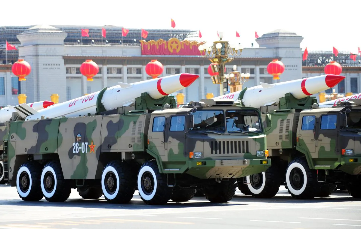 China's military shows off its latest missiles during a parade in Beijing on Oct. 1, 2009. Representatives of the People's Liberation Army Second Artillery Force, which operates China's strategic nuclear weapons, attended the training on the electromagnetic spectrum held in Chengdu, China, on Oct. 11 and Oct. 12, 2013. (Frederic J. Brown/AFP/Getty Images) 