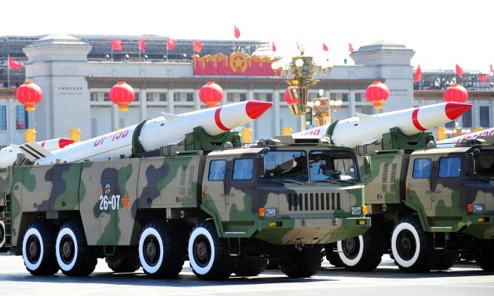 In a file picture China's military shows off their latest missiles during a parade on taken on Oct. 1, 2009 in Beijing. Representatives of the People's Liberation Army Second Artillery Force, which operates China's strategic nuclear weapons, attended the training on the electromagnetic spectrum held in Chengdu, China, Oct. 11-12, 2013. (Frederic J. Brown/AFP/Getty Images) 