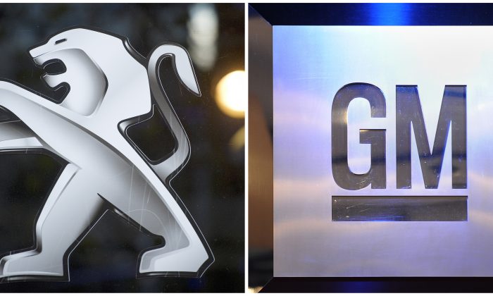 This photo combination shows the logos of French car maker PSA Peugeot Citroën (L) and the U.S. carmaker General Motors. (Fabrice Coffrini/AFP/Getty Images)