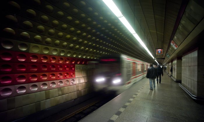 A train leaves the Staromestska station on the B line subway in Prague, Czech Republic on Nov. 9, 2012. (Michal Cizek/AFP/Getty Images)