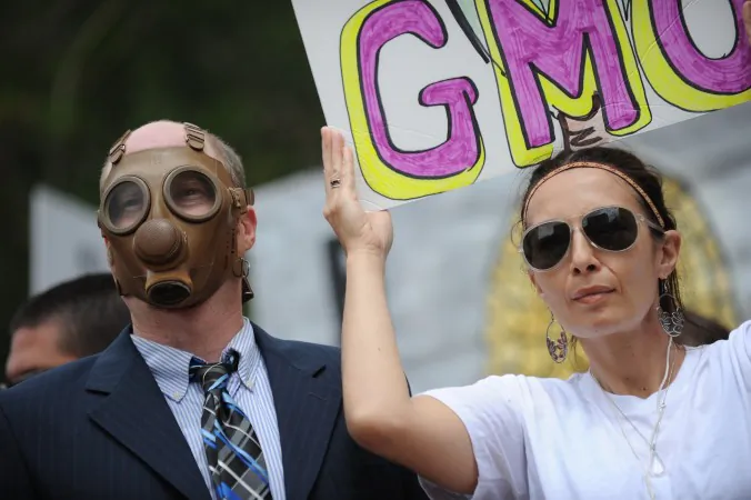 Protesters demonstrate against Monsanto in Los Angeles on May 25. A European coalition of scientists is challenging claims that the debate around genetically modified foods is settled and that GM foods are safe. (Robyn Beck/AFP/Getty Images)