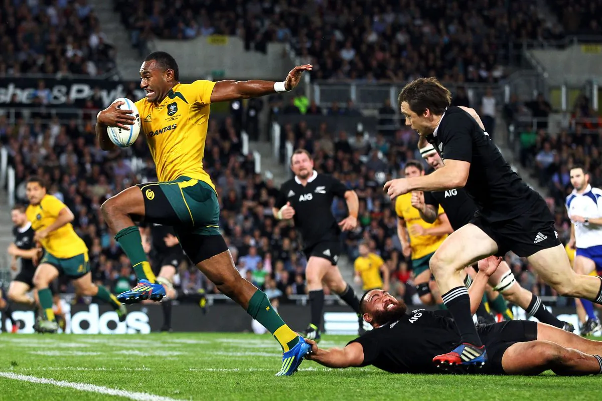 Running-rugby is back in style for the Wallabies ... centre Tevita Kuridrani makes a break against the All Blacks in the final Bledisloe Cup match of the season on Saturday Oct 19, 2013 in Dunedin, New Zealand. (Anthony Au-Yeung/Getty Images)