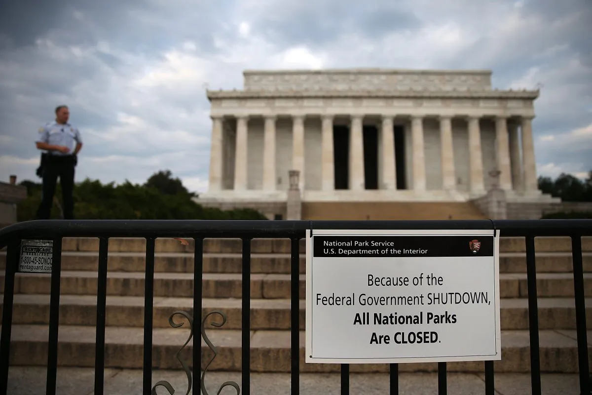 A U.S. Park Police officer stands guard in front of the closed Lincoln Memorial, Oct. 1, 2013 in Washington, D.C. Despite being shut out of their favorite public monuments, Chinese tourists are learning about America's independence from its government. (Mark Wilson/Getty Images)