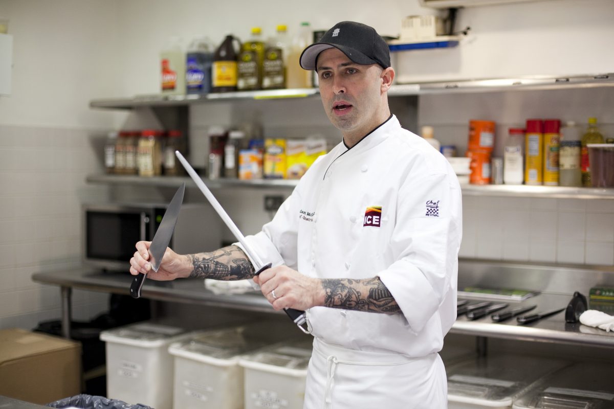 Chef Brendan McDermott at the Institute of Culinary Education, where he teaches knife skills to 2,000–2,800 people every year. (Samira Bouaou/Epoch Times)