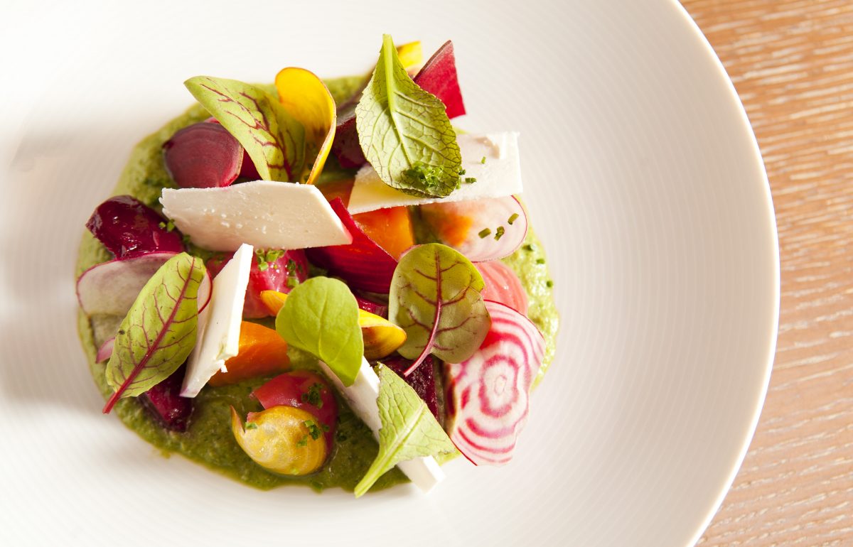 Beets "Cuit et Cru" with lettuce coulis and ricotta salata ($14). (Samira Bouaou/Epoch Times)