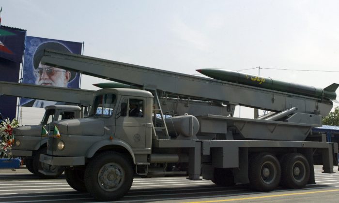 Surface-to-air missiles are displayed in Iran during a parade in April 2007. (Atta Kenare/AFP/Getty Images)