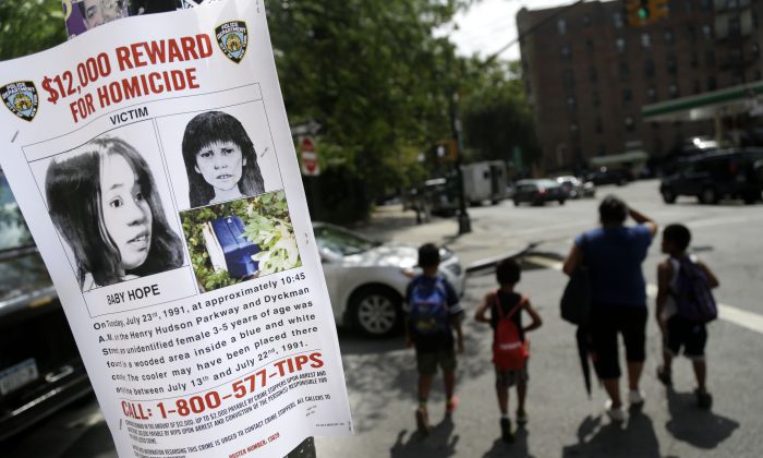 This Tuesday, July 23, 2013, photo shows a poster soliciting information regarding an unidentified body near the site where the body was found in New York.   In a dramatic break in a cold case more than two decades old, investigators used DNA to identify the mother of a dead child known only as Baby Hope, police said Tuesday, Oct. 8, 2013. Police Commissioner Raymond Kelly declined to discuss the case further as investigators try to determine the circumstances of the 3- to 5-year-old girl's death. The case dates to July 23, 1991, when a road worker smelled something rotting and discovered the girl's remains inside a picnic cooler along the Henry Hudson Parkway. Her body was unclothed and malnourished and showed signs of possible sex abuse. Detectives theorized at the time that she had been suffocated before being dumped like garbage on a grassy incline. They estimated she was dead six to eight days before the cooler was found.   (AP Photo/Seth Wenig)