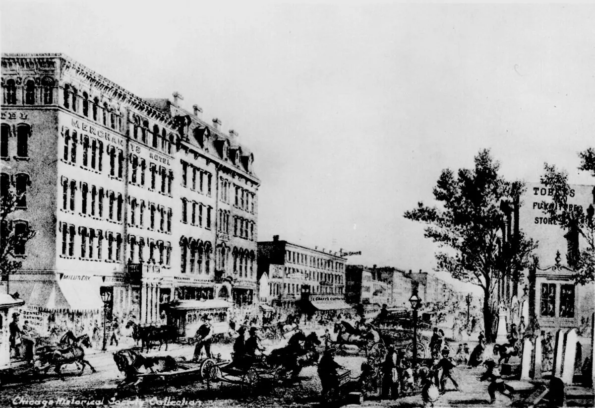 Chicago before 1868, looking north from State and Washington Streets. The buildings, streets, and sidewalks were raised by several feet starting in the latter half of the 1850s. (National Archives and Records)