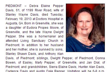 Debra Davis's obituary. The 61-year-old was set on fire by her son, Stanley Shawn Davis, who pleaded guilty Oct. 3, 2013. (Screenshot/GrayMortuary.com)