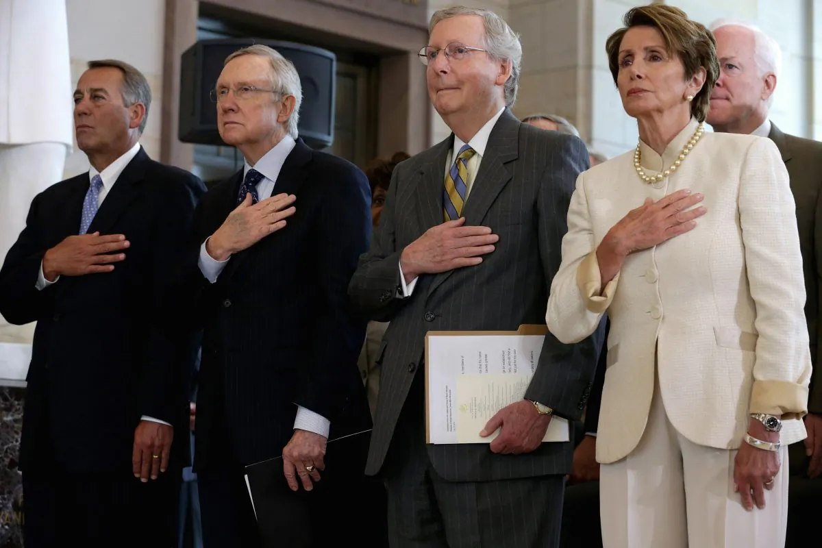 (L-R) John Boehner (R-Ohio), Harry Reid (D-Nev.), Mitch McConnell (R-Ky.), Nancy Pelosi (D-Calif.) and Sen. John Cornyn (R-TX) in Washington, D.C. on July 18, 2013. (Chip Somodevilla/Getty Images)