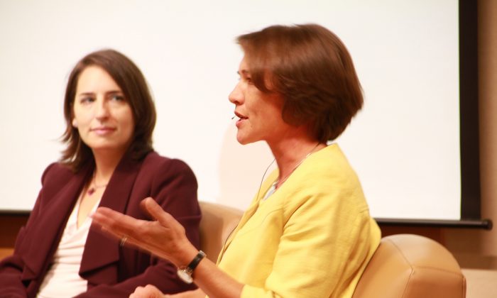 Sarah Cook (L) with Louisa Greve (R) at the National Endowment for Democracy in Washington, D.C. on Oct. 22. Cook presented a report, along with Anne Nelson, about Chinese propaganda and censorship activities overseas. (National Endowment for Democracy)