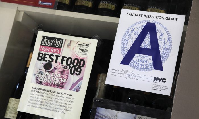 The letter "A" is shown as the Sanitary Inspection Grade for a restaurant in the SoHo neighborhood of New York, May 28, 2012. (Mark Lennihan/AP Photo)