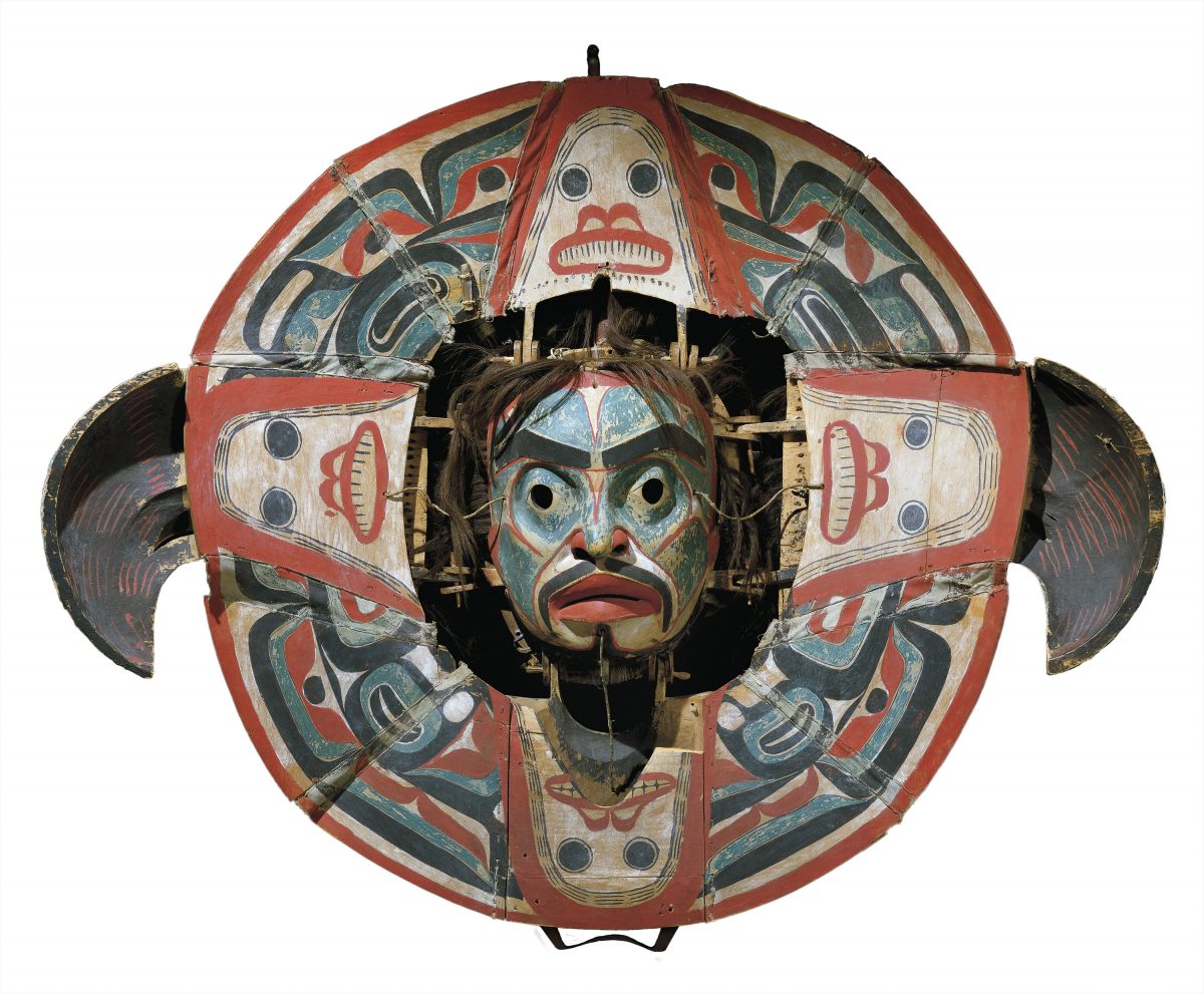 A Heiltsuk Transformation Mask. By pulling various strings, the mask can be transformed from its outer image of an eagle to the inner one of a supernatural being in human form. (Photo courtesy CMC/MCC)