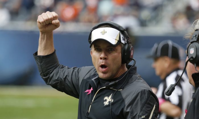 New Orleans Saints head coach Sean Payton reacts to a play during the second half of an NFL football game against the Chicago Bears, Sunday, Oct. 6, 2013, in Chicago. Saints won 26-18. (AP Photo/Charles Rex Arbogast)