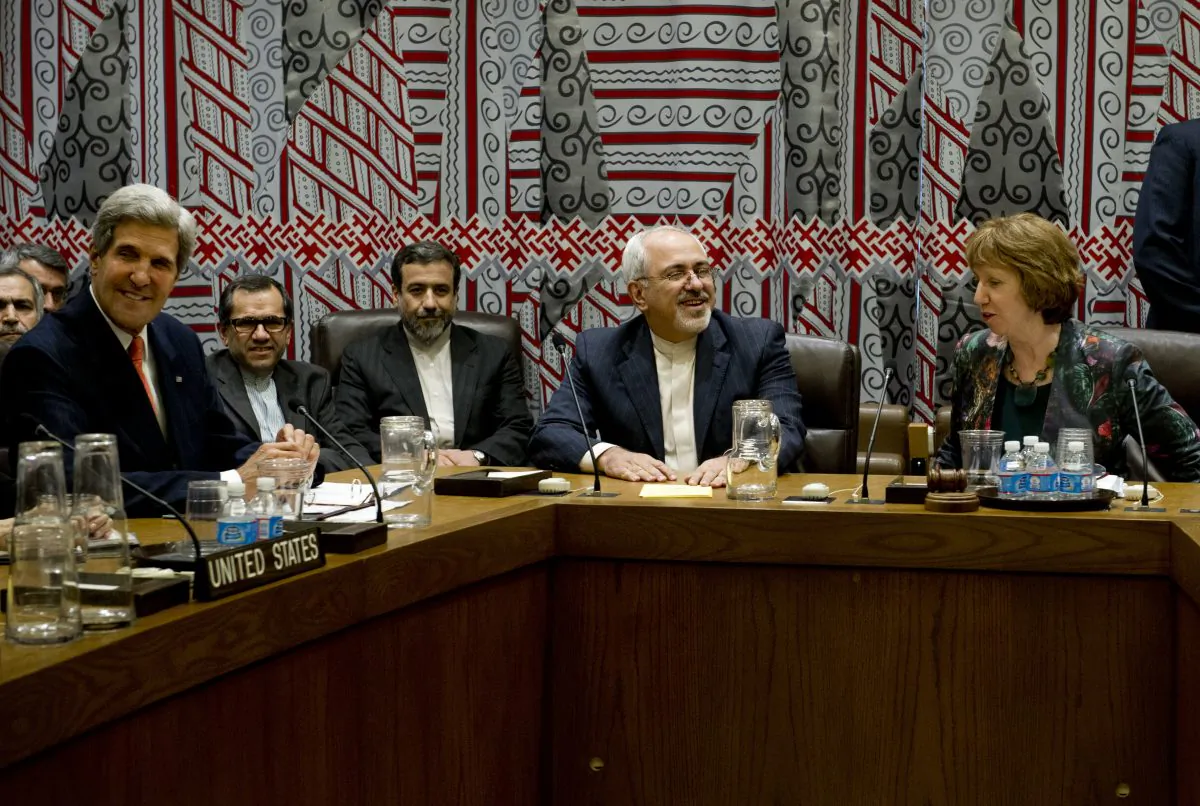 The five permanent members of the UN Security Council plus Germany meet with Iran over their nuclear program on Sept. 26, 2013 on the sidelines of the General Assembly at UN headquarters in New York. L-R at the table: U.S. Secretary of State John Kerry, Iran's Foreign Minister Mohammad-Javad Zarif (white hair), and EU High Representative for Foreign Affairs and Security Policy Catherine Ashton. (Stan Honda/AFP/Getty Images)