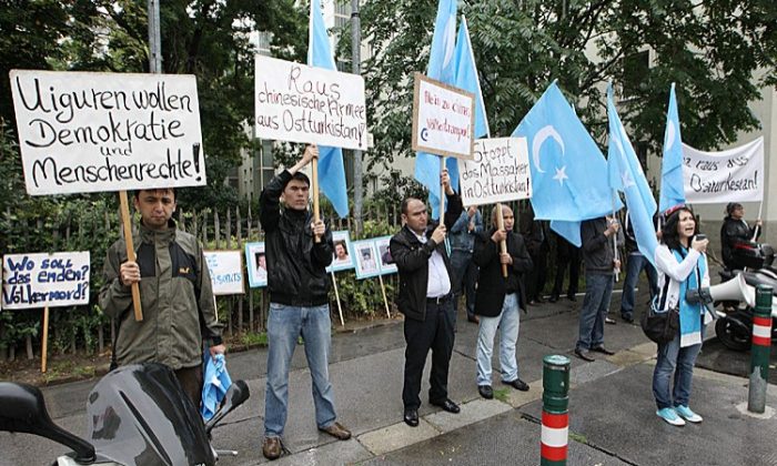 Some 20 activists demonstrate in front of the Chinese embassy in Vienna to protest against the repression of China's Uyghur minority in the northwestern region of Xinjiang on Aug. 1, 2011 in Vienna. (Dieter Nagl/AFP/Getty Images)