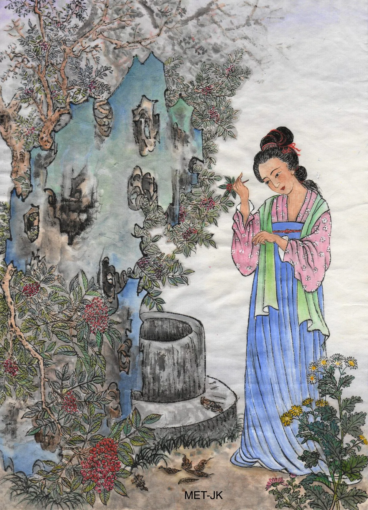 A lady from ancient China picks leaves from the zhuyu (dogwood) for the Chongyang Festival, also known as the Double Ninth Festival. This year the festival falls on Sunday, Oct. 13, 2013. (Jane Ku/Epoch Times)