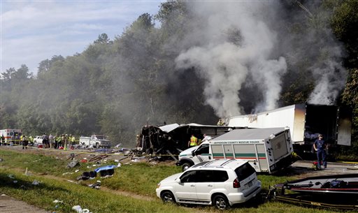 In Tennessee, a bus crash on I-40 was responded to on Wednesday. Emergency personnel search the scene near the collision, in Dandridge, Tenn, on Wednesday, Oct. 2, 2013. (AP Photo/The Knoxville News Sentinel, Michael Patrick)