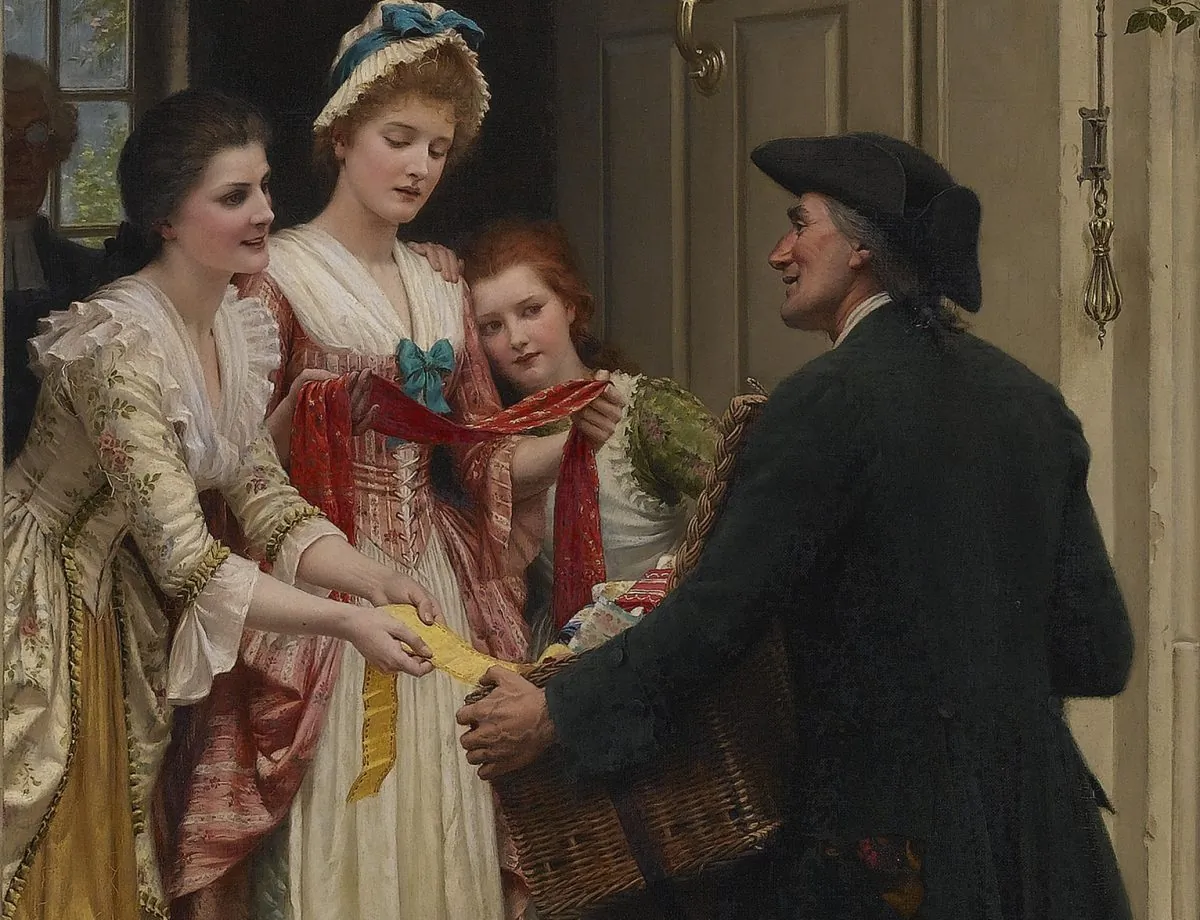 A section of "Ribbons and Laces for Very Pretty Faces," 1904, by Edmund Blair Leighton. Oil on canvas, 42.91 by 22.83 inches.