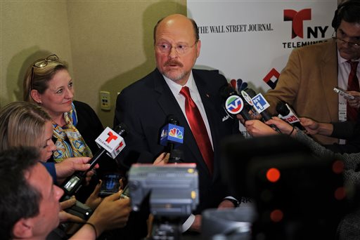 Republican mayoral candidate Joe Lhota speaks with the media after the final mayoral debate in New York, Oct. 30, 2013. (AP Photo/Wall Street Journal, Peter Foley, Pool)