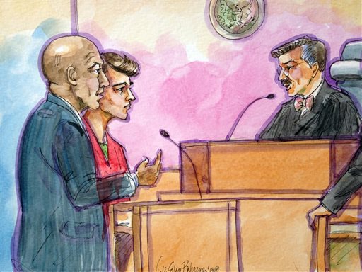 This artist rendering shows Ross William Ulbricht, second from left, appearing in Federal Court with his public defender Brandon LeBlanc, left, in San Francisco on Friday, Oct. 4, 2013. U.S. Magistrate Judge Joseph Spero, right, postponed the bail hearing for Ulbricht who is being charged as the mastermind of Silk Road, an encrypted website where users could shop for drugs like heroin and LSD anonymously. (AP Photo/Vicki Behringer)