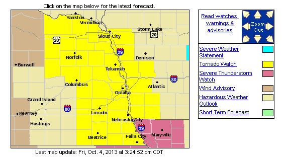A tornado watch issued for Nebraska on Oct. 4 including Omaha, Lincoln, and Sioux City. (Screenshot/National Weather Service)