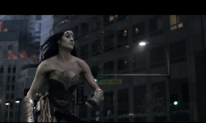 A screenshot shows part of the 'Wonder Woman' short film that appeared on YouTube. Note that the actress in the film is not Gina Carano.