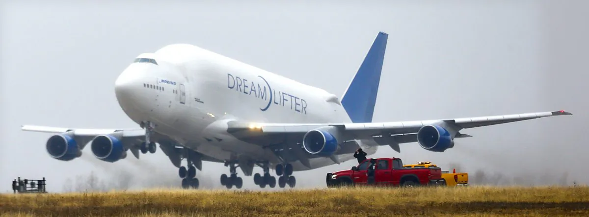A Boeing 747 Dreamlifter takes off Nov. 21, 2013, the day after it mistakenly landed at Col. James Jabara Airport in Wichita, Kan. (AP Photo/The Wichita Eagle, Fernando Salazar)
