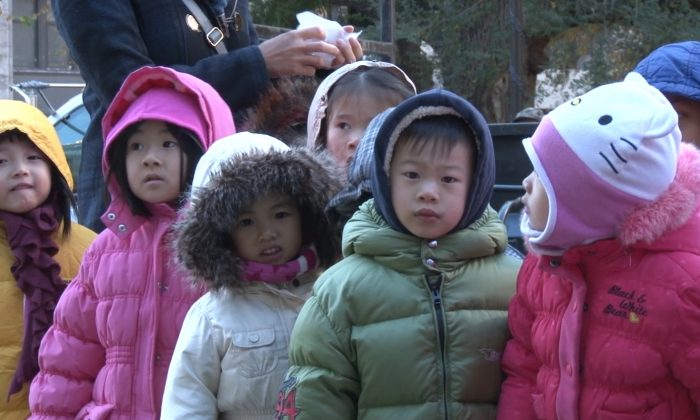 Children line up on the steps of City Hall, New York, on Nov. 13, 2013 to ask Mayor Michael Bloomberg to baseline per-kindergarten programs in the budget. (screenshot/NTD Television)  