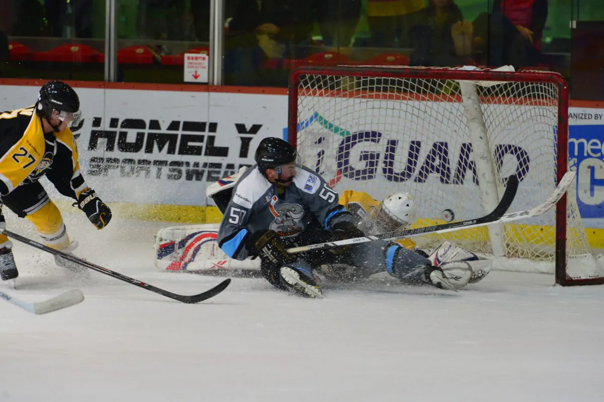 Sharks Jordan So scores a spectacular goal during their CIHL match against HK Tycoons at Mega Ice on Saturday Nov 23, 2013. (Bill Cox/Epoch Times)