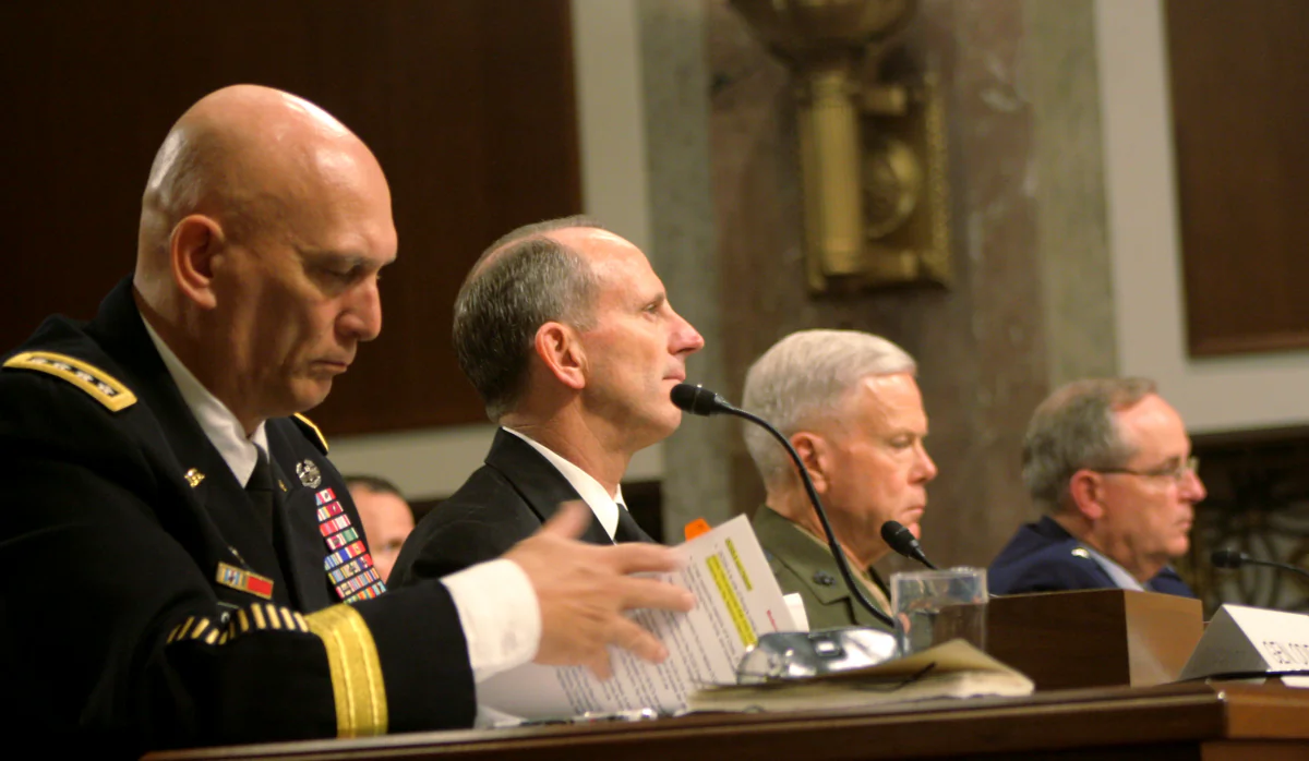 
The Joint Chiefs of Staff testify before the Senate Armed Services Committee Nov. 7. (L to R) General Raymond T. Ordierno, USA, chairman of the Joint Chiefs of Staff; Admiral Jonathan W. Greenert, USN, chief of Naval Operations; General James F. Amos, USMC, Commandant of the Marine Corps; and General Mark A. Welsh III, USAF, chief of staff of the Air Force. (Gary Feuerberg/ Epoch Times)