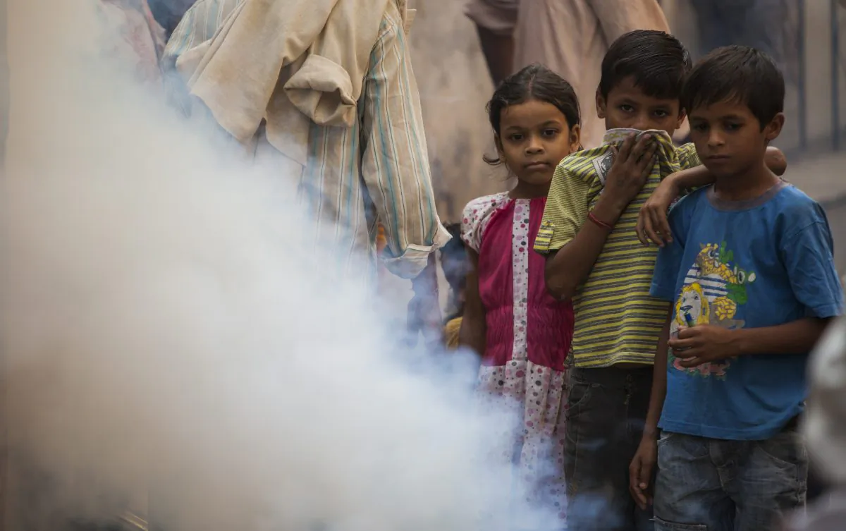 Children watch a municipal worker spray pesticide in New Delhi on Oct. 10, 2013. (Andrew Caballero-Reynolds/AFP/Getty Images)