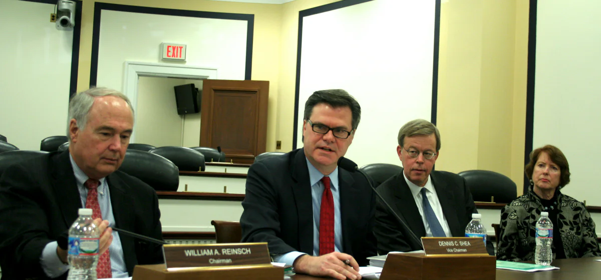 (L to R) William Reinsch, chairman of the U.S.-China Economic and Security Review Commission; Dennis Shea, vice chairman; Commissioner James Talent, and Commissioner Katherine Tobin at a news conference, Nov. 20, when the commission released to the public its 2013 report to Congress. (Gary Feuerberg/Epoch Times) 