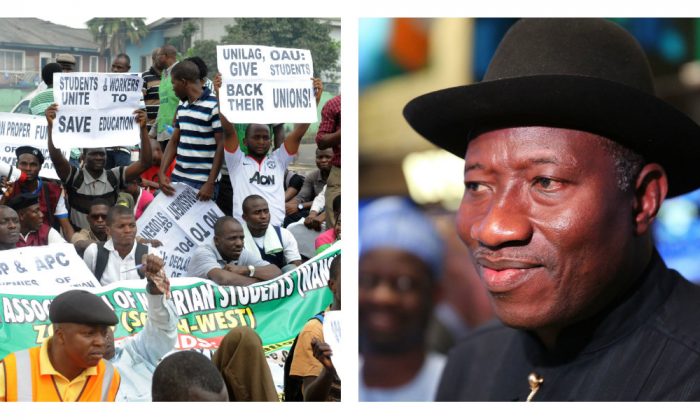 Students and workers protesting against the ASUU strike on August 13, 2013; and Nigerian President Goodluck Jonathan. (Pius Utomi Ekpei/AFP/Getty Images; Spencer Platt/Getty Images)